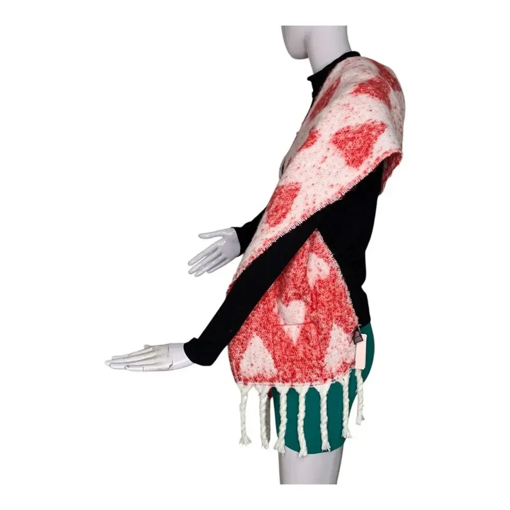 Victoria's Secret NWT Fringe Scarf Heart Print Red and White Logo Patch